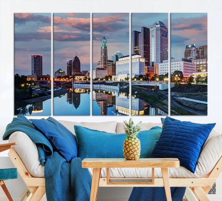 The living room showcases the "Columbus City Lights Sunset Colorful Cloudy Skyline Cityscape View Wall Art Canvas Print" adorning the wall. This museum-quality canvas, with its vibrant skyline, brings an artistic touch to the space.