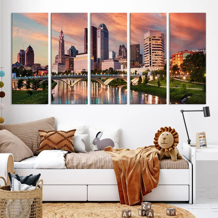 The "Columbus City Lights Sunset Orange Cloudy Skyline Cityscape View Wall Art Canvas Print" showcases a vibrant city skyline at sunset with a bridge spanning a river, strikingly displayed on museum-quality canvas.