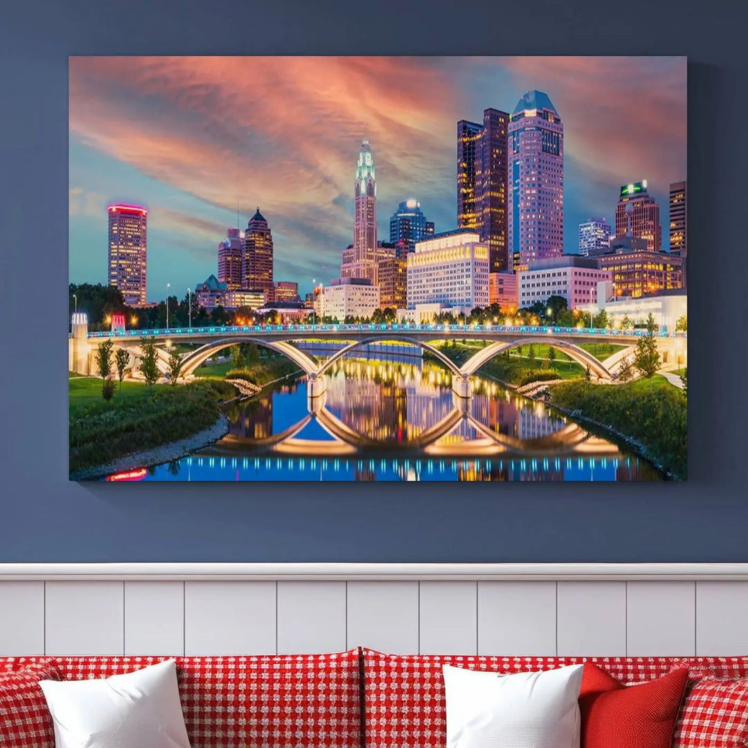 The living room features the Columbus City Lights Sunset Orange Cloudy Skyline Cityscape View Wall Art Canvas Print, designed to be museum-quality and ready to hang under warm lighting.