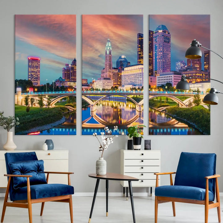 The living room features the Columbus City Lights Sunset Orange Cloudy Skyline Cityscape View Wall Art Canvas Print, designed to be museum-quality and ready to hang under warm lighting.