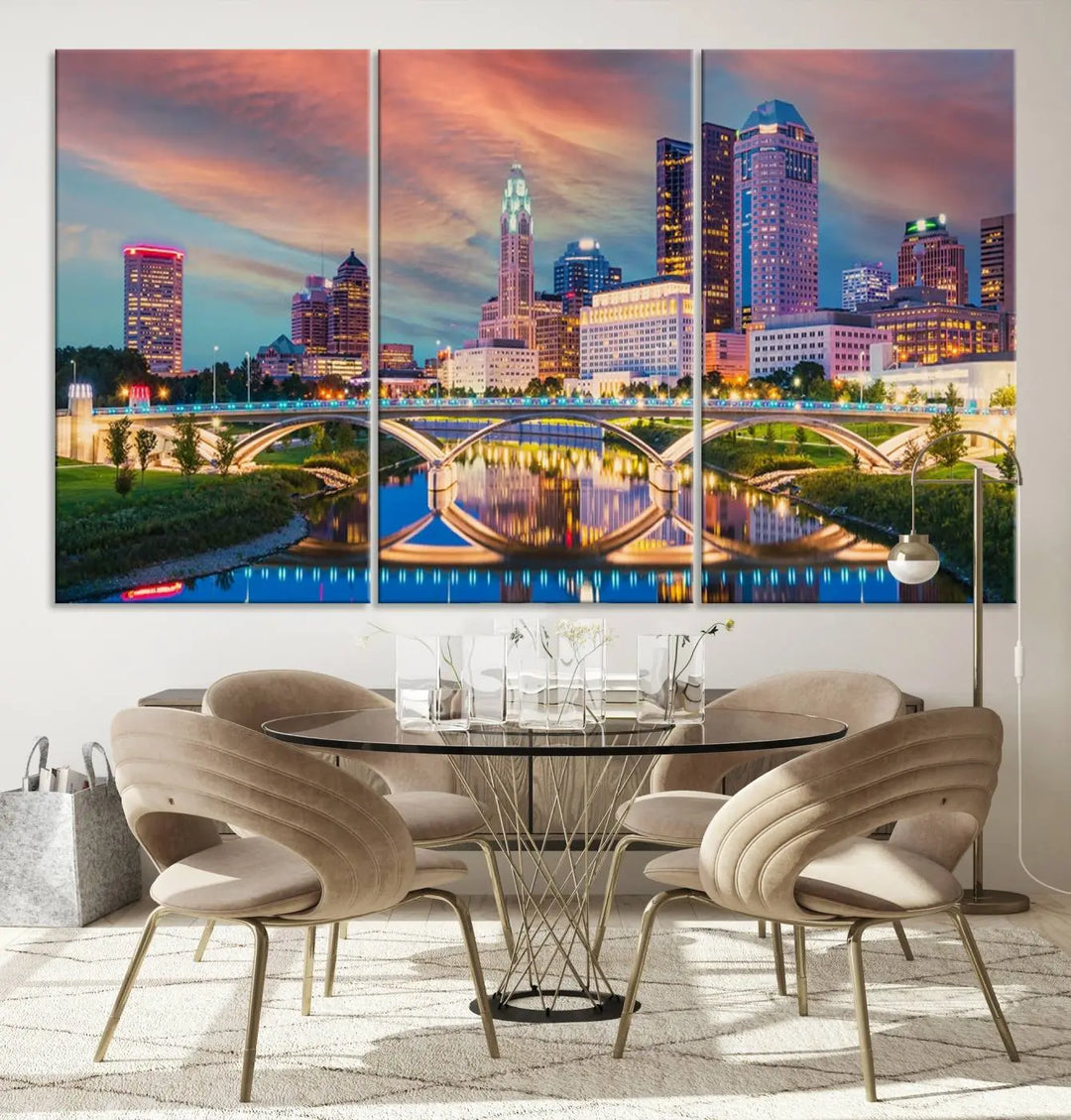 The living room features the Columbus City Lights Sunset Orange Cloudy Skyline Cityscape View Wall Art Canvas Print, designed to be museum-quality and ready to hang under warm lighting.