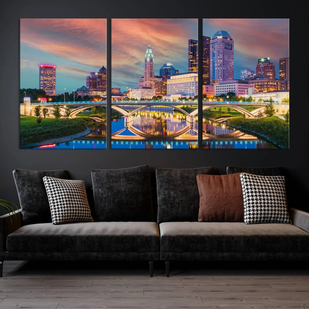 The living room features the Columbus City Lights Sunset Orange Cloudy Skyline Cityscape View Wall Art Canvas Print, designed to be museum-quality and ready to hang under warm lighting.