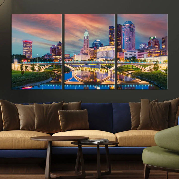 The living room features the Columbus City Lights Sunset Orange Cloudy Skyline Cityscape View Wall Art Canvas Print, designed to be museum-quality and ready to hang under warm lighting.