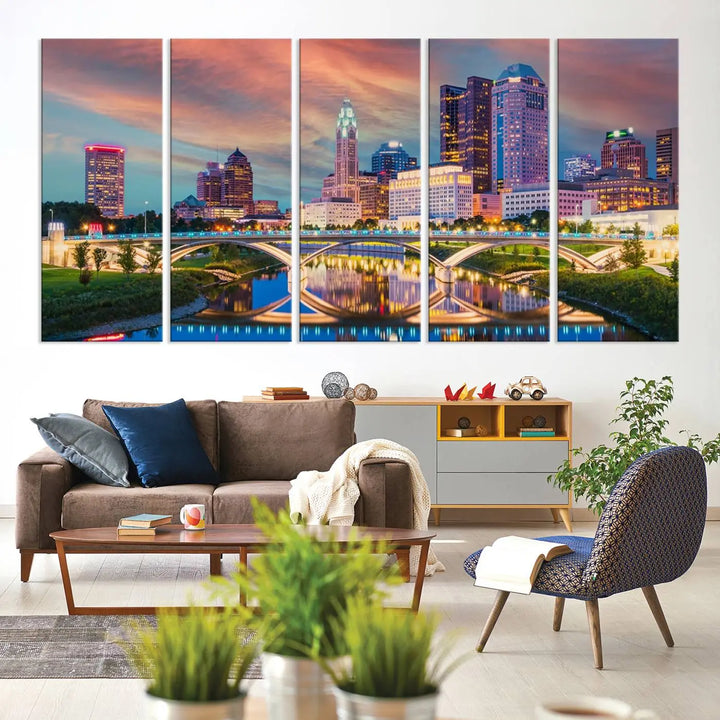 The living room features the Columbus City Lights Sunset Orange Cloudy Skyline Cityscape View Wall Art Canvas Print, designed to be museum-quality and ready to hang under warm lighting.