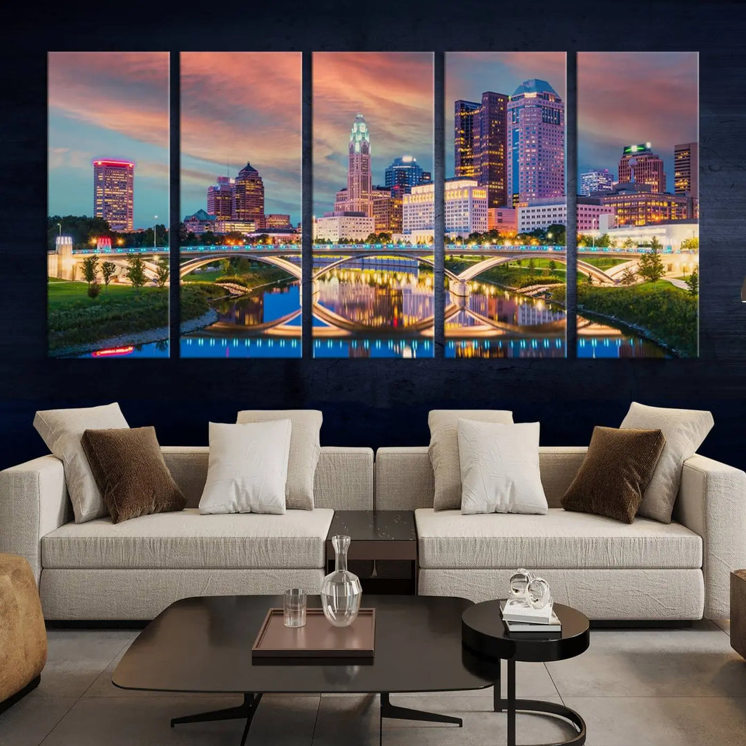 The living room features the Columbus City Lights Sunset Orange Cloudy Skyline Cityscape View Wall Art Canvas Print, designed to be museum-quality and ready to hang under warm lighting.