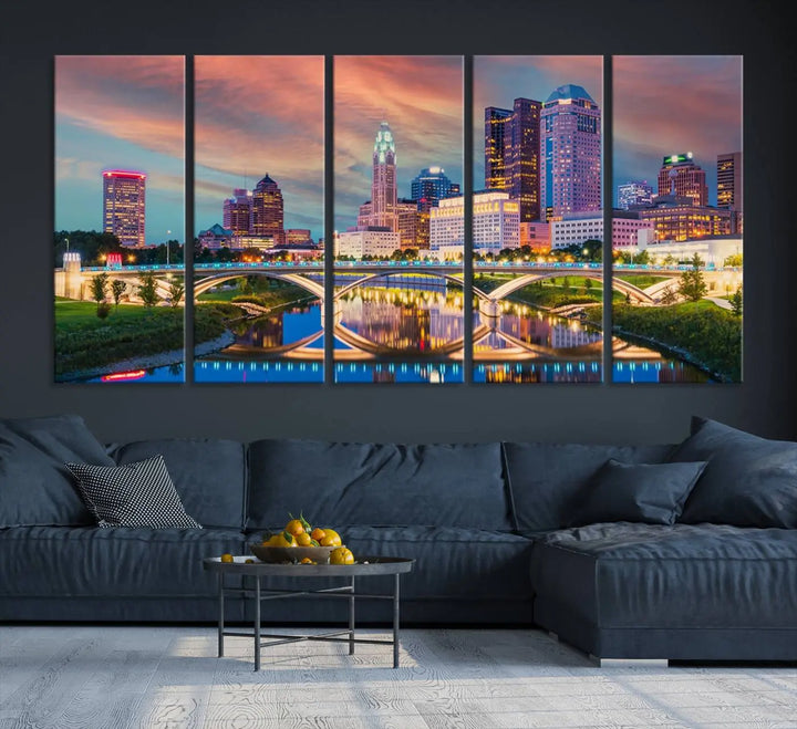 The living room features the Columbus City Lights Sunset Orange Cloudy Skyline Cityscape View Wall Art Canvas Print, designed to be museum-quality and ready to hang under warm lighting.