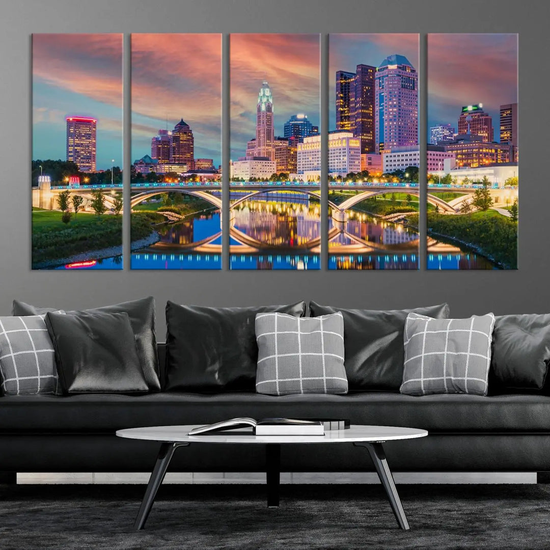 The living room features the Columbus City Lights Sunset Orange Cloudy Skyline Cityscape View Wall Art Canvas Print, designed to be museum-quality and ready to hang under warm lighting.