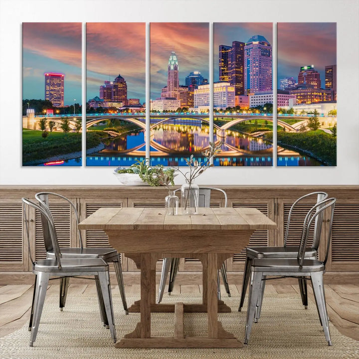 The living room features the Columbus City Lights Sunset Orange Cloudy Skyline Cityscape View Wall Art Canvas Print, designed to be museum-quality and ready to hang under warm lighting.