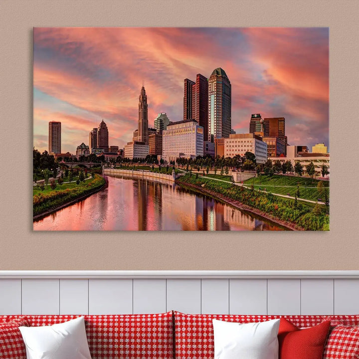 The Columbus City Lights Sunset Orange Cloudy Skyline Cityscape View Wall Art Canvas Print enhances the modern living room. This three-panel piece of the city skyline at sunset is printed on museum-quality canvas, ready to hang, and features a UV-protective coating for lasting brilliance.