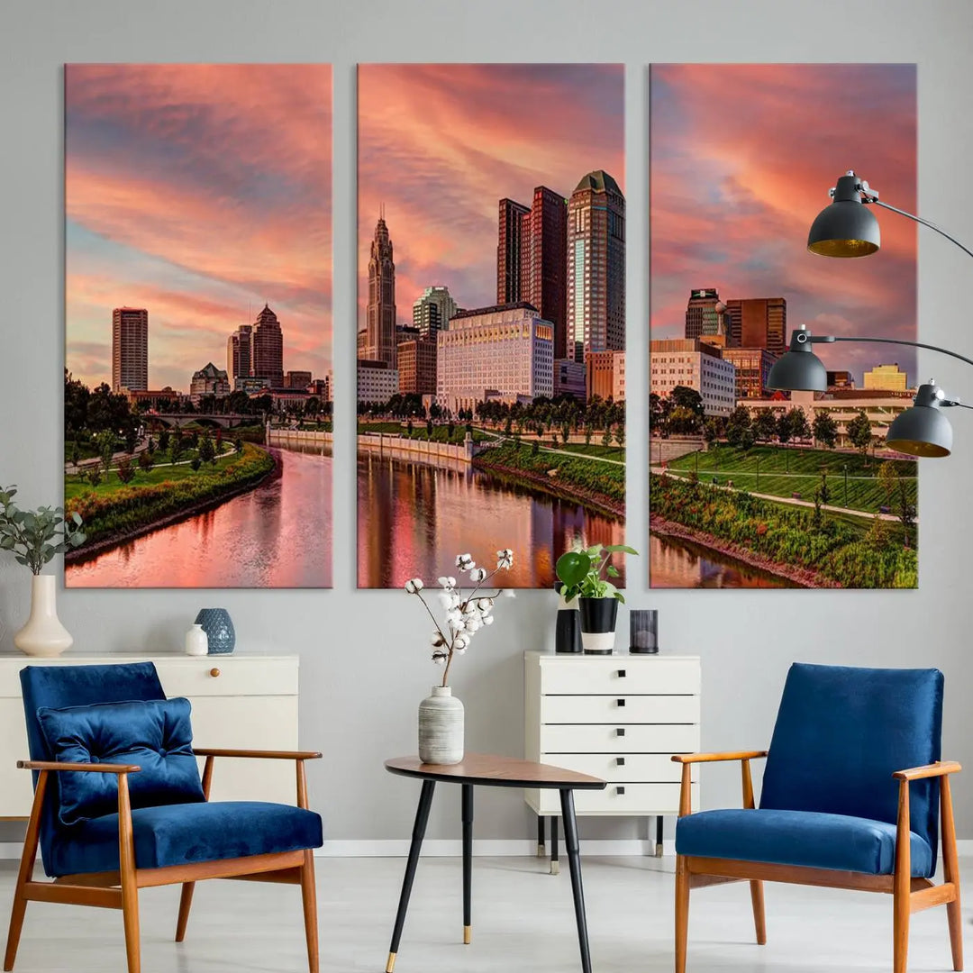 The Columbus City Lights Sunset Orange Cloudy Skyline Cityscape View Wall Art Canvas Print enhances the modern living room. This three-panel piece of the city skyline at sunset is printed on museum-quality canvas, ready to hang, and features a UV-protective coating for lasting brilliance.