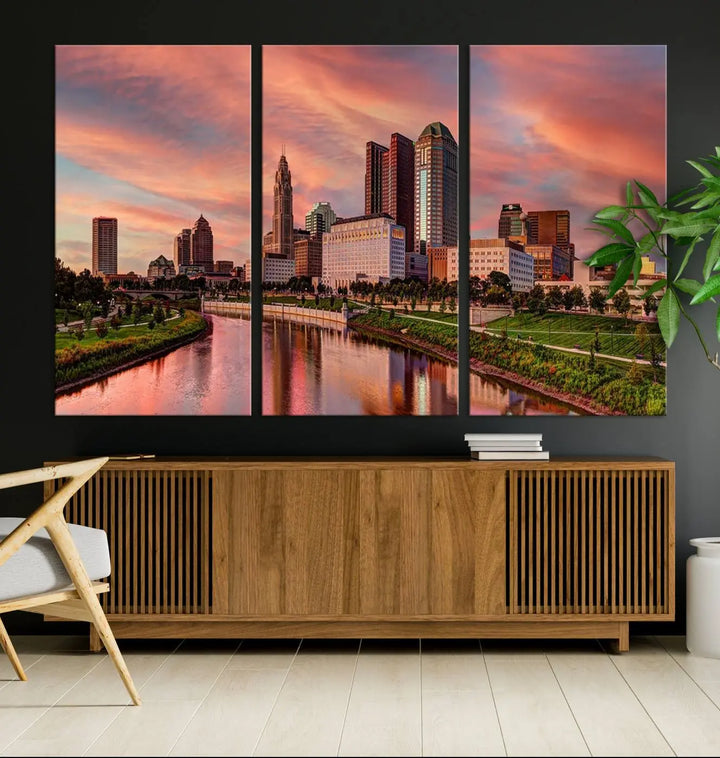 The Columbus City Lights Sunset Orange Cloudy Skyline Cityscape View Wall Art Canvas Print enhances the modern living room. This three-panel piece of the city skyline at sunset is printed on museum-quality canvas, ready to hang, and features a UV-protective coating for lasting brilliance.