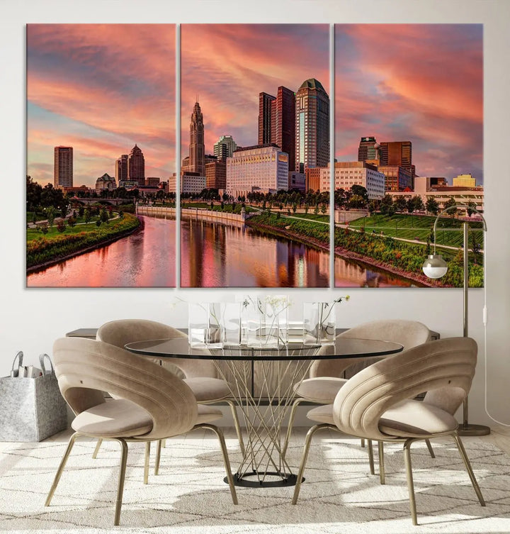 The Columbus City Lights Sunset Orange Cloudy Skyline Cityscape View Wall Art Canvas Print enhances the modern living room. This three-panel piece of the city skyline at sunset is printed on museum-quality canvas, ready to hang, and features a UV-protective coating for lasting brilliance.