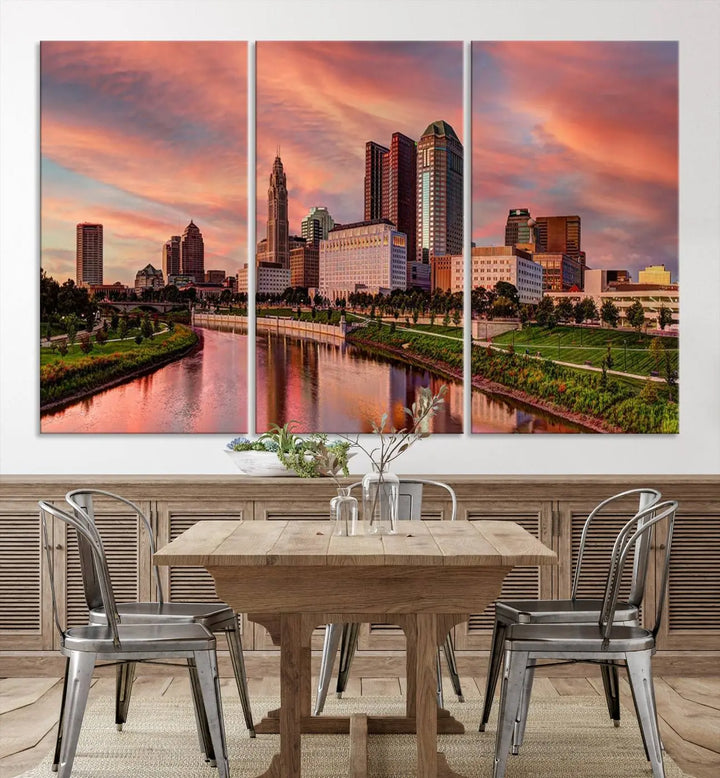 The Columbus City Lights Sunset Orange Cloudy Skyline Cityscape View Wall Art Canvas Print enhances the modern living room. This three-panel piece of the city skyline at sunset is printed on museum-quality canvas, ready to hang, and features a UV-protective coating for lasting brilliance.