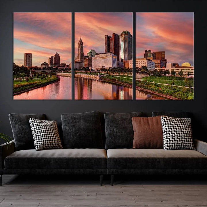 The Columbus City Lights Sunset Orange Cloudy Skyline Cityscape View Wall Art Canvas Print enhances the modern living room. This three-panel piece of the city skyline at sunset is printed on museum-quality canvas, ready to hang, and features a UV-protective coating for lasting brilliance.