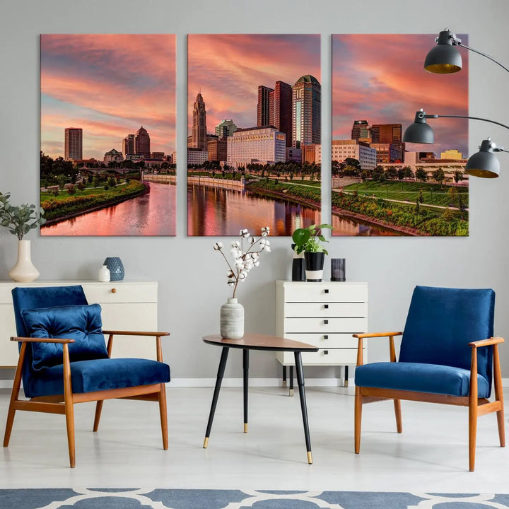 The Columbus City Lights Sunset Orange Cloudy Skyline Cityscape View Wall Art Canvas Print enhances the modern living room. This three-panel piece of the city skyline at sunset is printed on museum-quality canvas, ready to hang, and features a UV-protective coating for lasting brilliance.