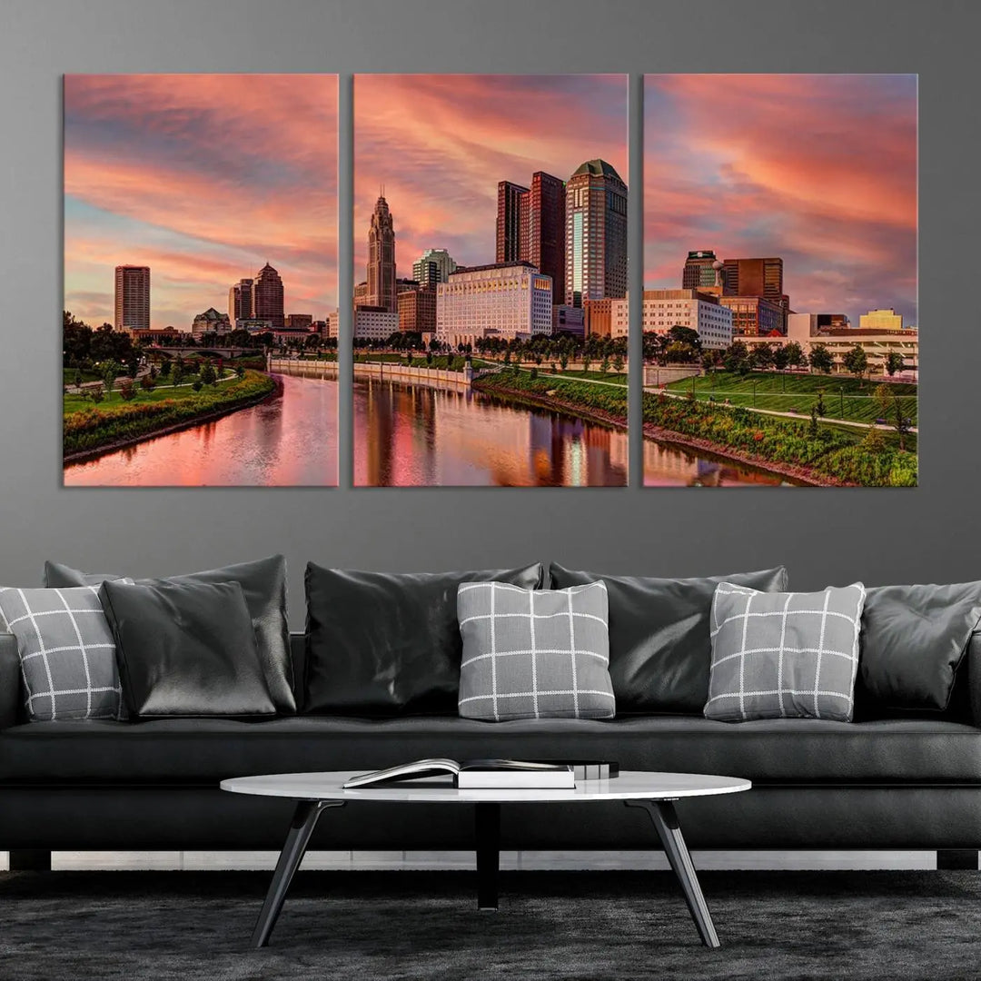 The Columbus City Lights Sunset Orange Cloudy Skyline Cityscape View Wall Art Canvas Print enhances the modern living room. This three-panel piece of the city skyline at sunset is printed on museum-quality canvas, ready to hang, and features a UV-protective coating for lasting brilliance.