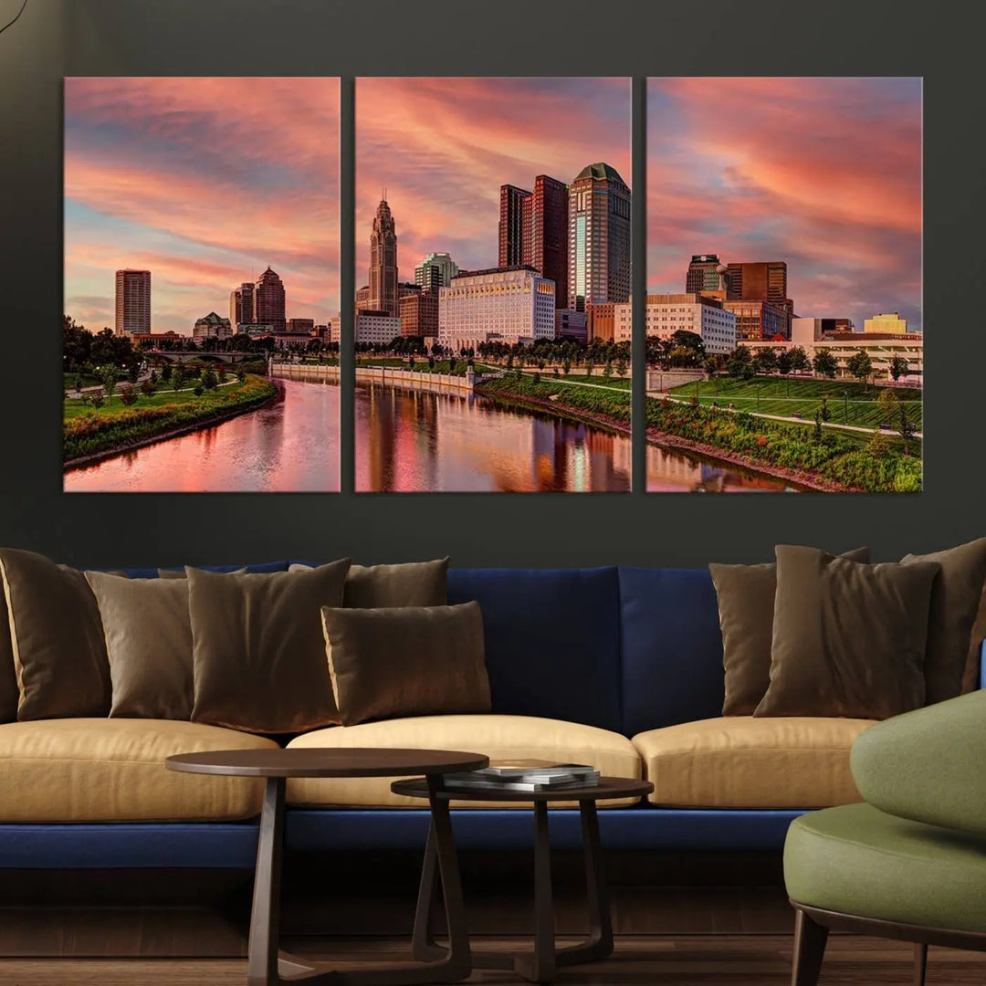 The Columbus City Lights Sunset Orange Cloudy Skyline Cityscape View Wall Art Canvas Print enhances the modern living room. This three-panel piece of the city skyline at sunset is printed on museum-quality canvas, ready to hang, and features a UV-protective coating for lasting brilliance.