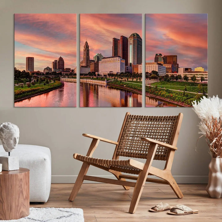 The Columbus City Lights Sunset Orange Cloudy Skyline Cityscape View Wall Art Canvas Print enhances the modern living room. This three-panel piece of the city skyline at sunset is printed on museum-quality canvas, ready to hang, and features a UV-protective coating for lasting brilliance.