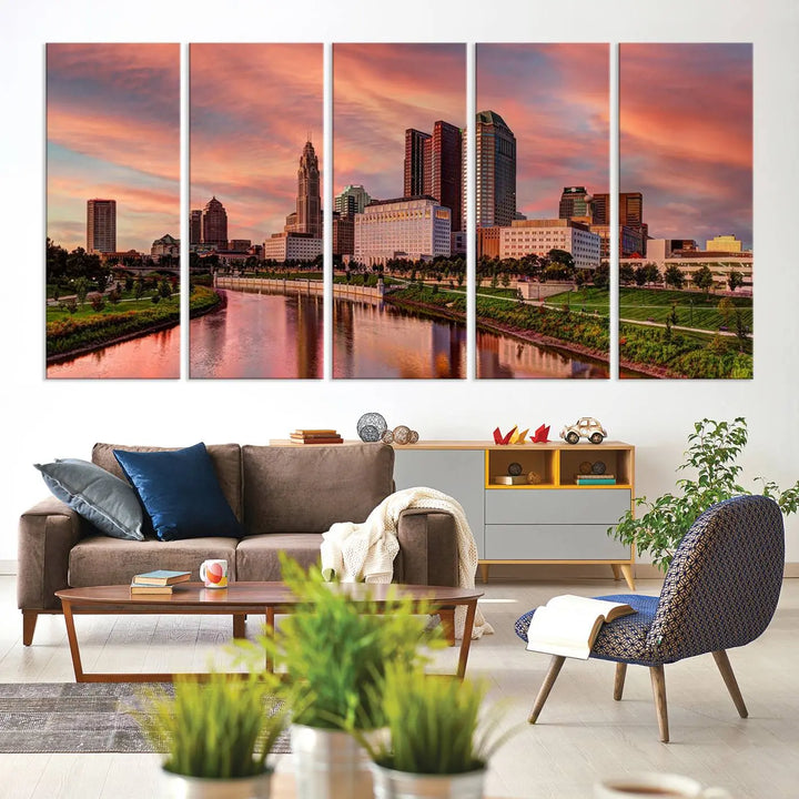 The Columbus City Lights Sunset Orange Cloudy Skyline Cityscape View Wall Art Canvas Print enhances the modern living room. This three-panel piece of the city skyline at sunset is printed on museum-quality canvas, ready to hang, and features a UV-protective coating for lasting brilliance.