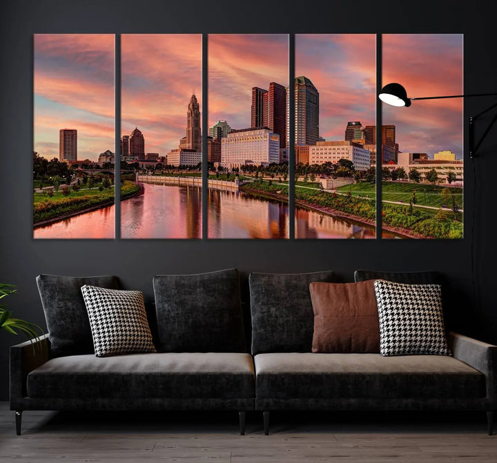 The Columbus City Lights Sunset Orange Cloudy Skyline Cityscape View Wall Art Canvas Print enhances the modern living room. This three-panel piece of the city skyline at sunset is printed on museum-quality canvas, ready to hang, and features a UV-protective coating for lasting brilliance.