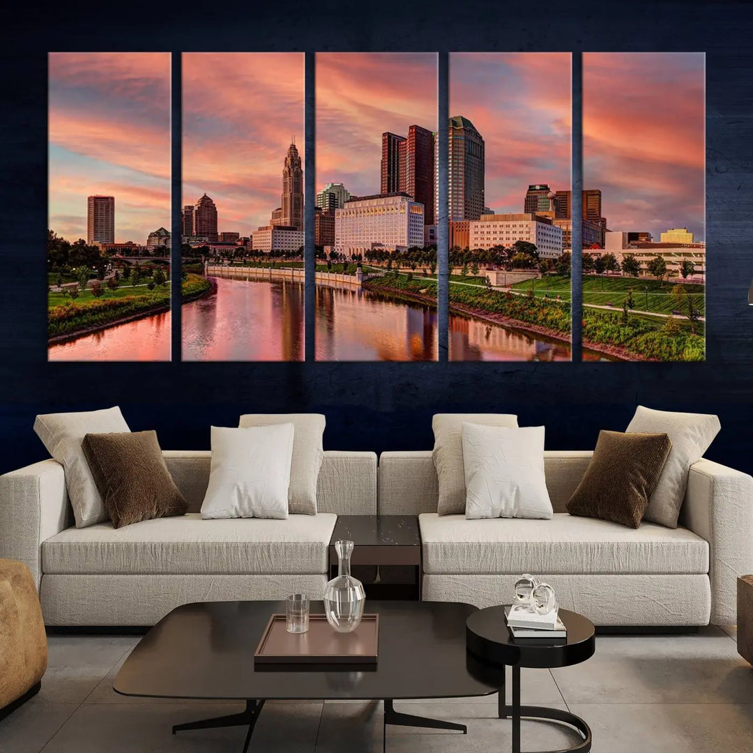 The Columbus City Lights Sunset Orange Cloudy Skyline Cityscape View Wall Art Canvas Print enhances the modern living room. This three-panel piece of the city skyline at sunset is printed on museum-quality canvas, ready to hang, and features a UV-protective coating for lasting brilliance.