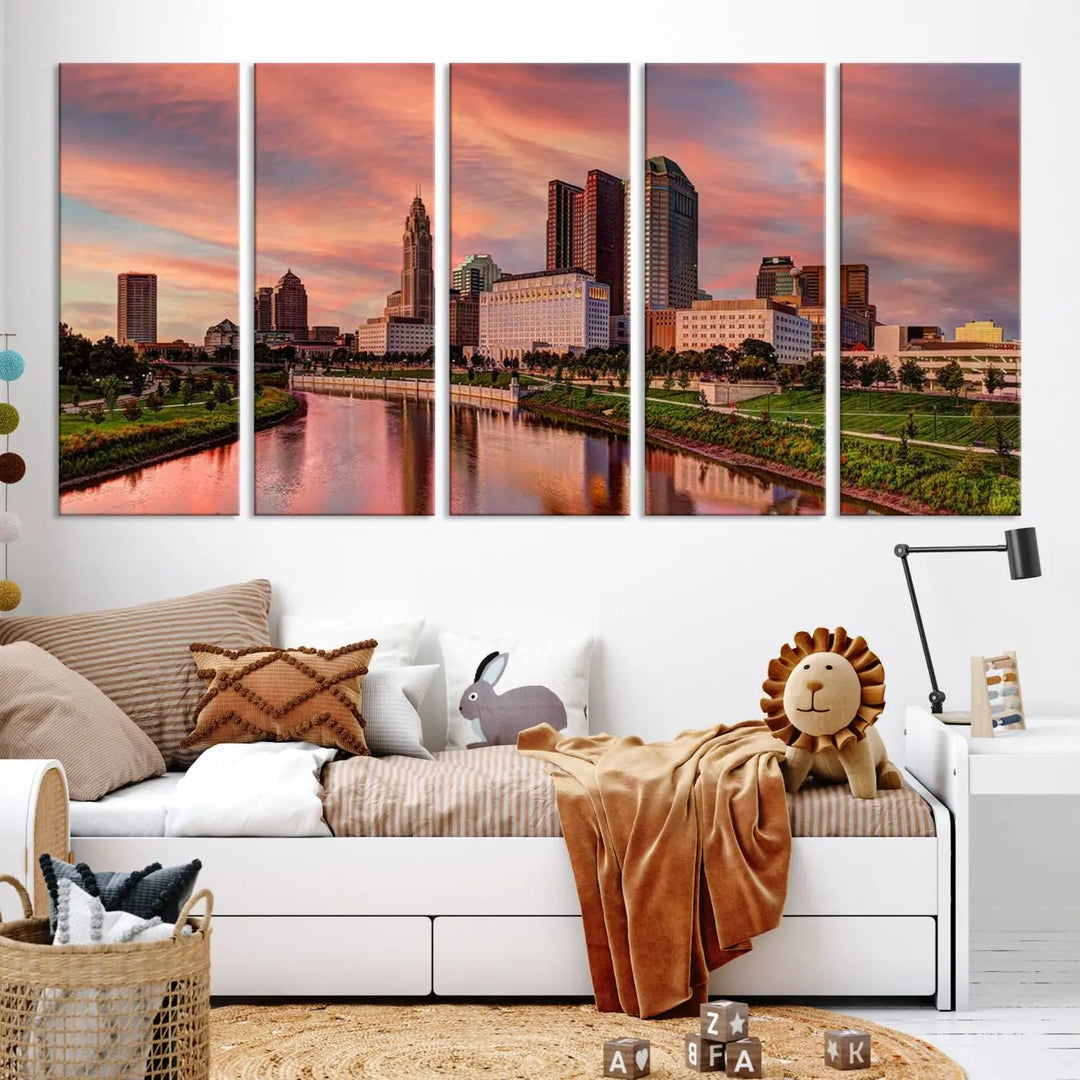 The Columbus City Lights Sunset Orange Cloudy Skyline Cityscape View Wall Art Canvas Print enhances the modern living room. This three-panel piece of the city skyline at sunset is printed on museum-quality canvas, ready to hang, and features a UV-protective coating for lasting brilliance.