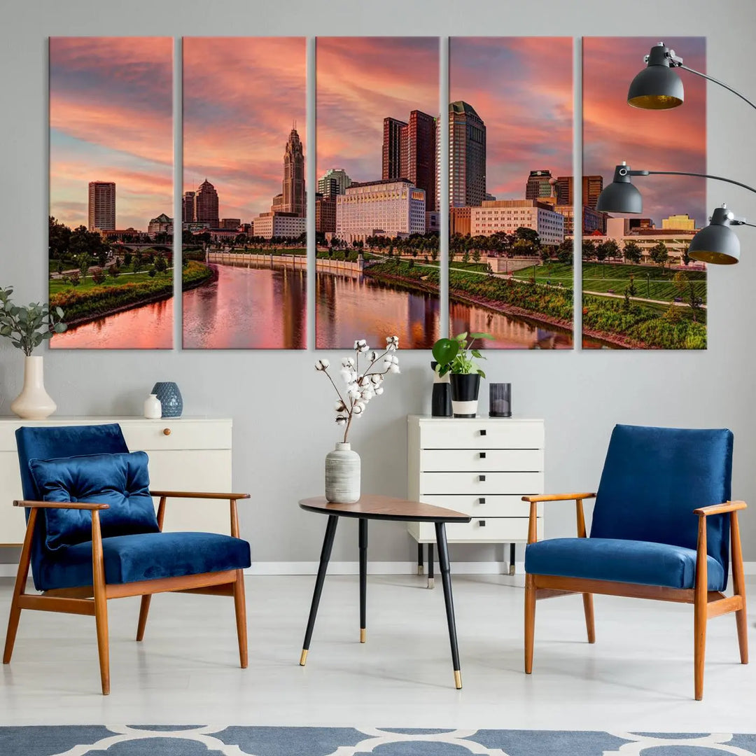 The Columbus City Lights Sunset Orange Cloudy Skyline Cityscape View Wall Art Canvas Print enhances the modern living room. This three-panel piece of the city skyline at sunset is printed on museum-quality canvas, ready to hang, and features a UV-protective coating for lasting brilliance.