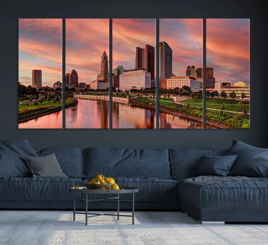 The Columbus City Lights Sunset Orange Cloudy Skyline Cityscape View Wall Art Canvas Print enhances the modern living room. This three-panel piece of the city skyline at sunset is printed on museum-quality canvas, ready to hang, and features a UV-protective coating for lasting brilliance.