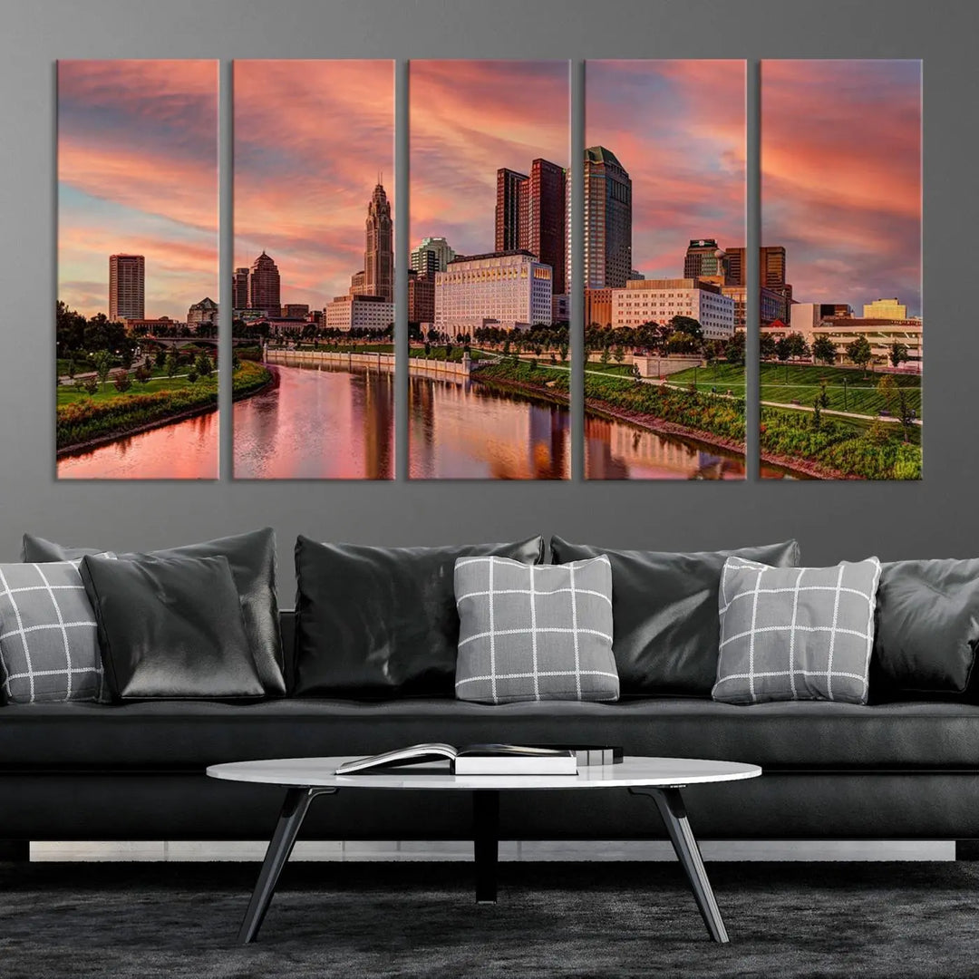 The Columbus City Lights Sunset Orange Cloudy Skyline Cityscape View Wall Art Canvas Print enhances the modern living room. This three-panel piece of the city skyline at sunset is printed on museum-quality canvas, ready to hang, and features a UV-protective coating for lasting brilliance.