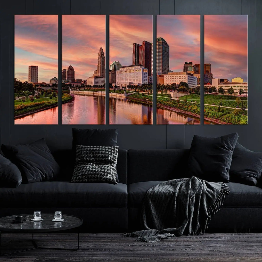 The Columbus City Lights Sunset Orange Cloudy Skyline Cityscape View Wall Art Canvas Print enhances the modern living room. This three-panel piece of the city skyline at sunset is printed on museum-quality canvas, ready to hang, and features a UV-protective coating for lasting brilliance.