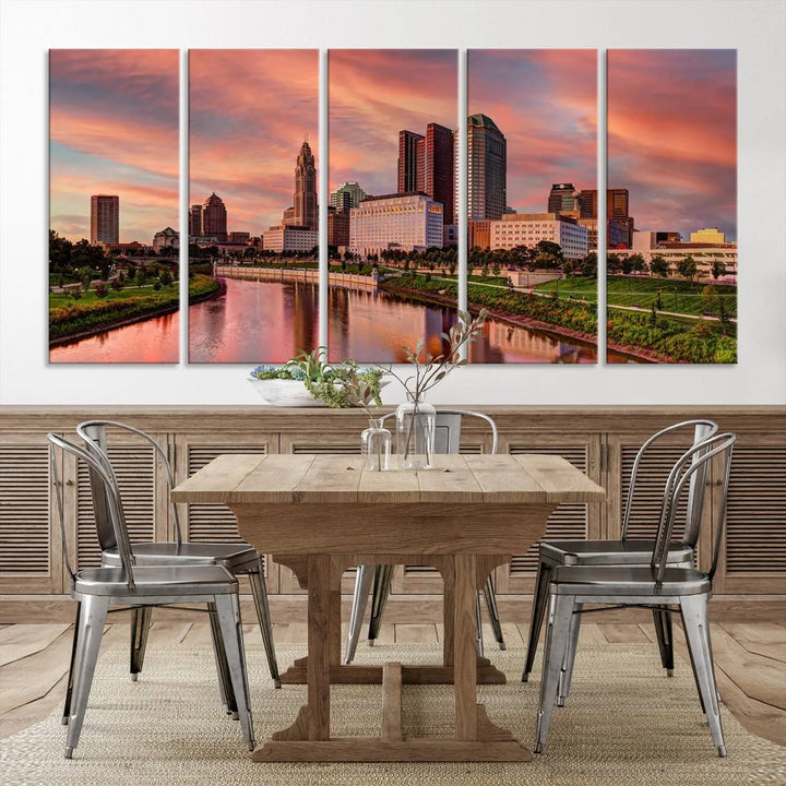 The Columbus City Lights Sunset Orange Cloudy Skyline Cityscape View Wall Art Canvas Print enhances the modern living room. This three-panel piece of the city skyline at sunset is printed on museum-quality canvas, ready to hang, and features a UV-protective coating for lasting brilliance.