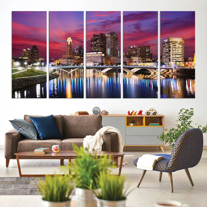 The "Columbus City Lights Sunset Pink and Purple Cloudy Skyline Cityscape View Wall Art Canvas Print" captures the beauty of a city skyline at dusk with its reflection on the river. Crafted on museum-quality canvas with a UV-protective coating, this triptych wall art is ready to hang and adds an elegant touch to any room.