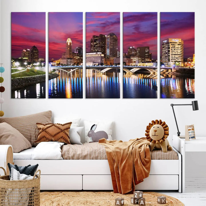 The "Columbus City Lights Sunset Pink and Purple Cloudy Skyline Cityscape View Wall Art Canvas Print" captures the beauty of a city skyline at dusk with its reflection on the river. Crafted on museum-quality canvas with a UV-protective coating, this triptych wall art is ready to hang and adds an elegant touch to any room.