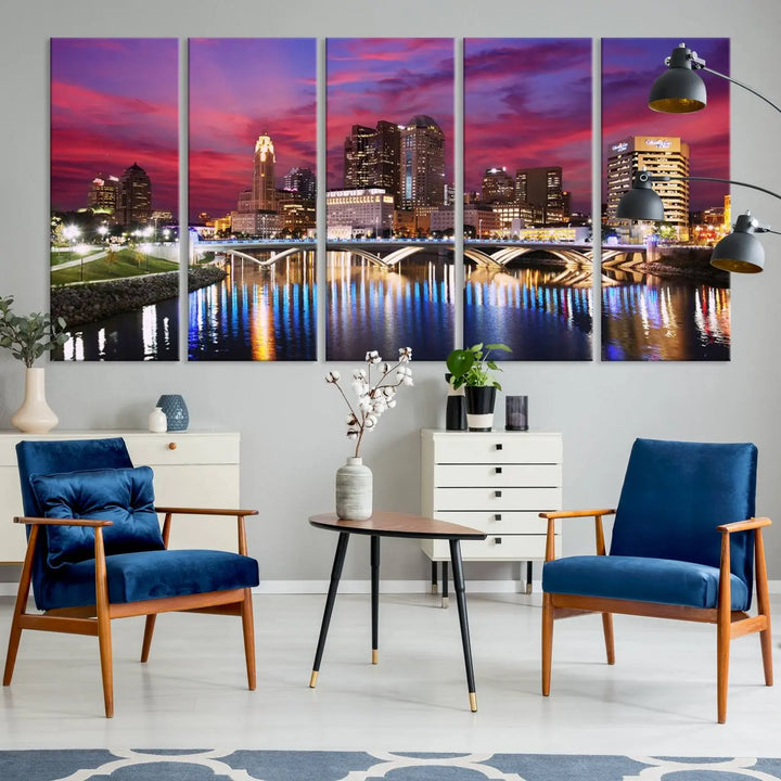 The "Columbus City Lights Sunset Pink and Purple Cloudy Skyline Cityscape View Wall Art Canvas Print" captures the beauty of a city skyline at dusk with its reflection on the river. Crafted on museum-quality canvas with a UV-protective coating, this triptych wall art is ready to hang and adds an elegant touch to any room.