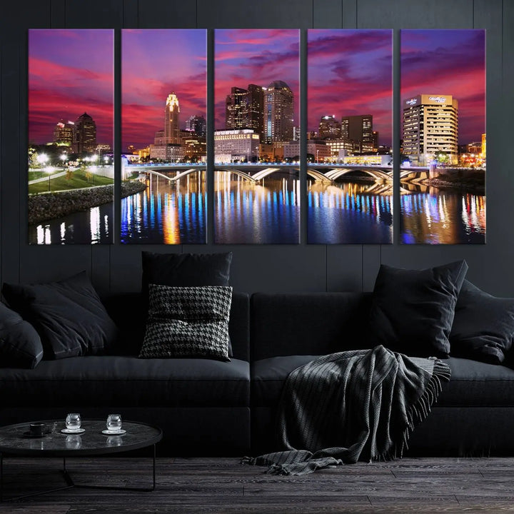 The "Columbus City Lights Sunset Pink and Purple Cloudy Skyline Cityscape View Wall Art Canvas Print" captures the beauty of a city skyline at dusk with its reflection on the river. Crafted on museum-quality canvas with a UV-protective coating, this triptych wall art is ready to hang and adds an elegant touch to any room.