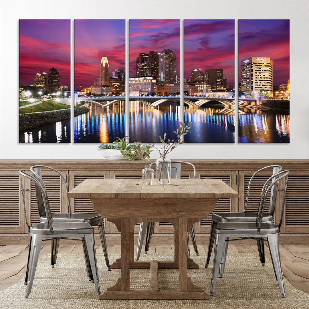 The "Columbus City Lights Sunset Pink and Purple Cloudy Skyline Cityscape View Wall Art Canvas Print" captures the beauty of a city skyline at dusk with its reflection on the river. Crafted on museum-quality canvas with a UV-protective coating, this triptych wall art is ready to hang and adds an elegant touch to any room.