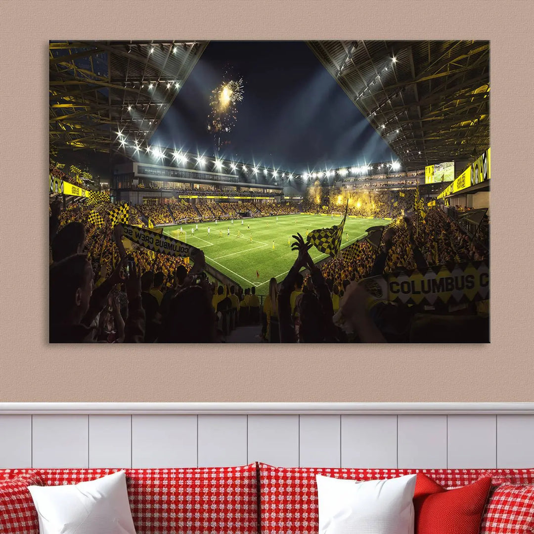 The wall of a modern living room is adorned with a triptych canvas titled "Columbus Crew Soccer Team Print," capturing the vibrant energy of the Columbus Crew Stadium in high-resolution printing.