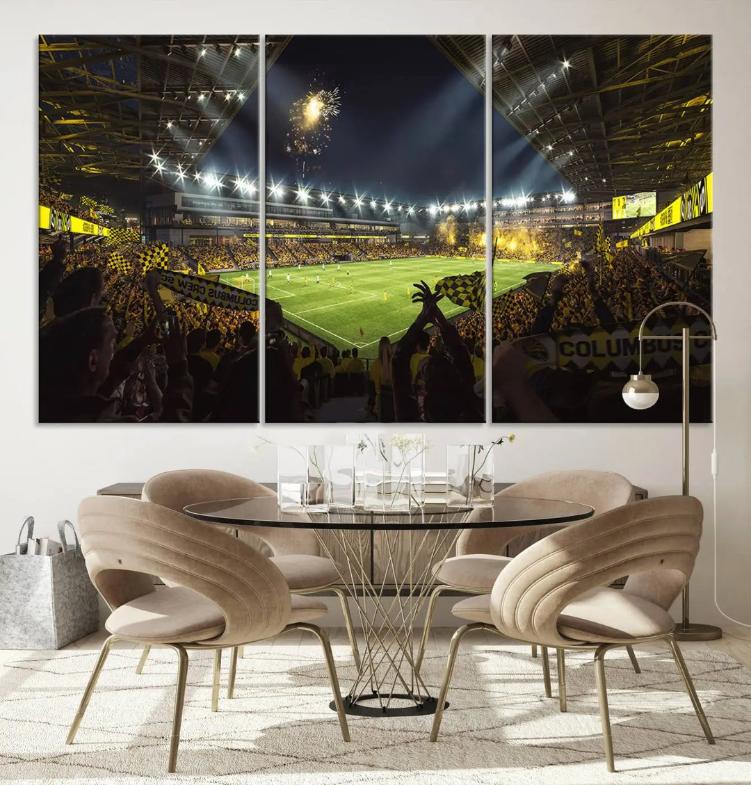 The wall of a modern living room is adorned with a triptych canvas titled "Columbus Crew Soccer Team Print," capturing the vibrant energy of the Columbus Crew Stadium in high-resolution printing.