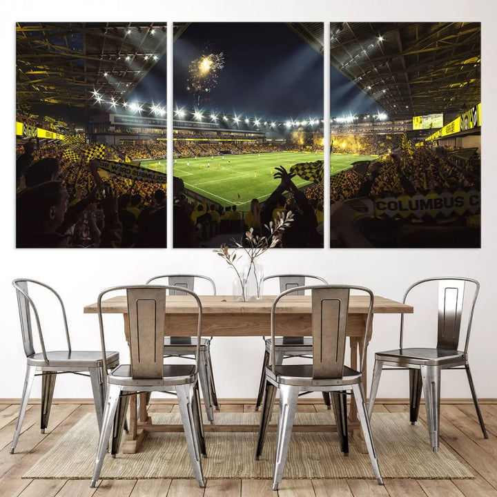 The wall of a modern living room is adorned with a triptych canvas titled "Columbus Crew Soccer Team Print," capturing the vibrant energy of the Columbus Crew Stadium in high-resolution printing.