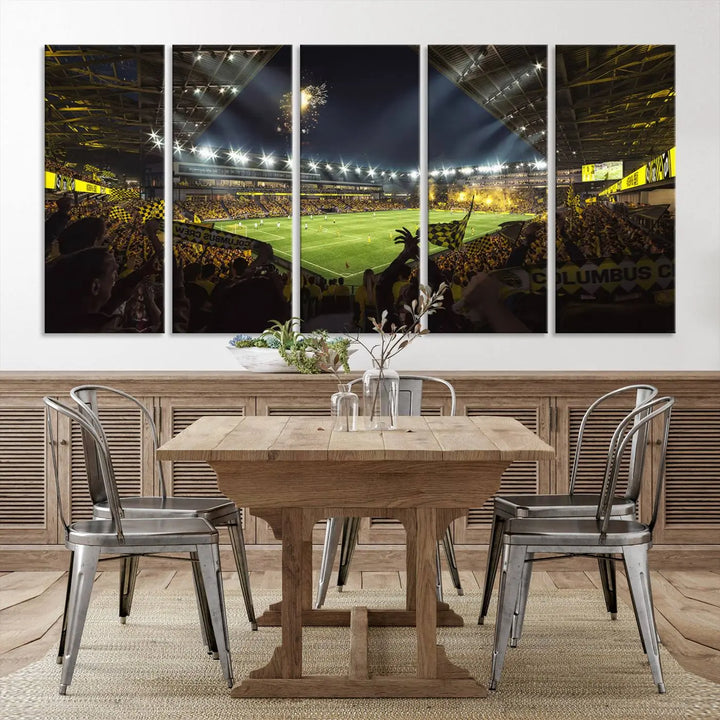 The wall of a modern living room is adorned with a triptych canvas titled "Columbus Crew Soccer Team Print," capturing the vibrant energy of the Columbus Crew Stadium in high-resolution printing.