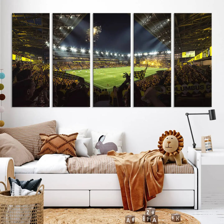 The wall of a modern living room is adorned with a triptych canvas titled "Columbus Crew Soccer Team Print," capturing the vibrant energy of the Columbus Crew Stadium in high-resolution printing.