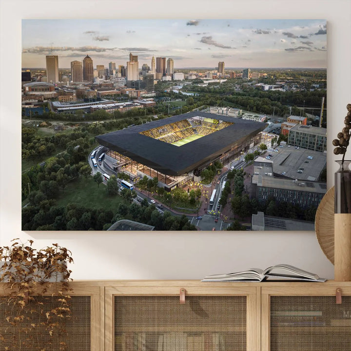 A living room is adorned with the Columbus Crew Soccer Team Print, showcasing a triptych of Columbus Crew Stadium and cityscape on museum-quality canvas. The high-resolution printing ensures vivid detail, while a UV-protective coating preserves its brilliance.