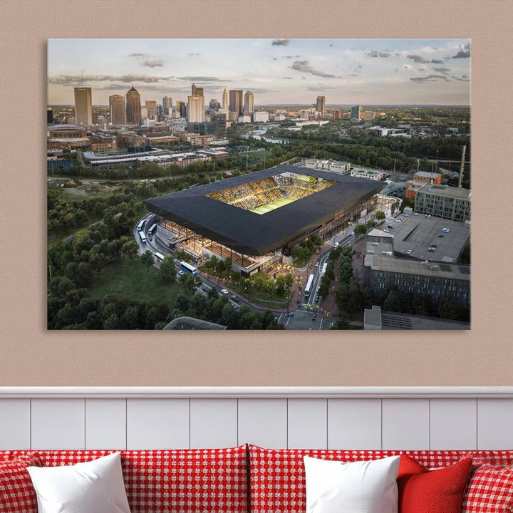 A living room is adorned with the Columbus Crew Soccer Team Print, showcasing a triptych of Columbus Crew Stadium and cityscape on museum-quality canvas. The high-resolution printing ensures vivid detail, while a UV-protective coating preserves its brilliance.