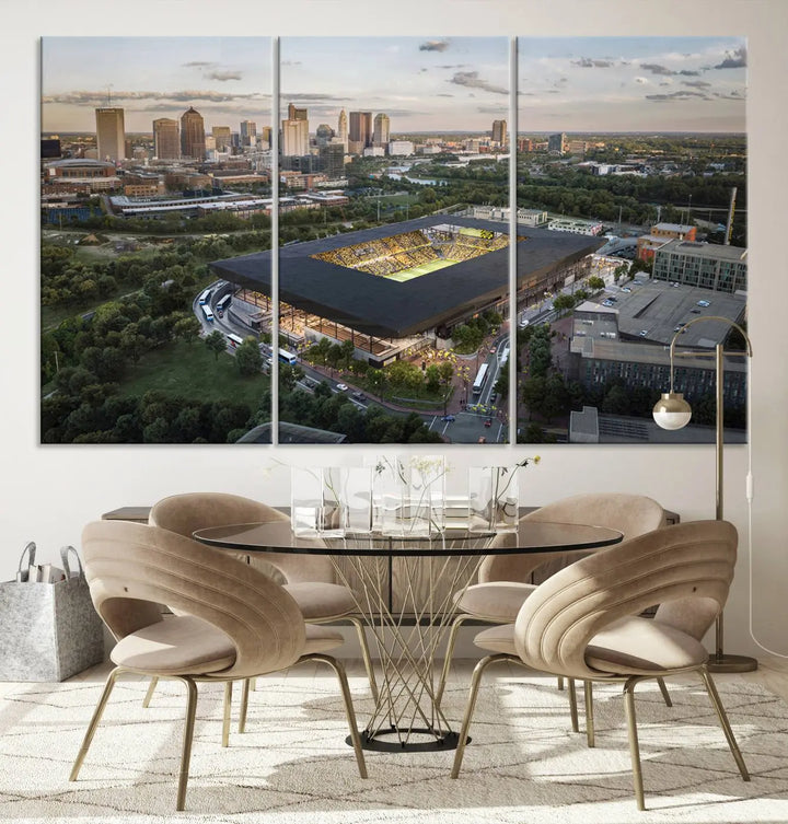 A living room is adorned with the Columbus Crew Soccer Team Print, showcasing a triptych of Columbus Crew Stadium and cityscape on museum-quality canvas. The high-resolution printing ensures vivid detail, while a UV-protective coating preserves its brilliance.