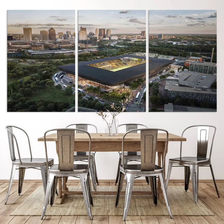 A living room is adorned with the Columbus Crew Soccer Team Print, showcasing a triptych of Columbus Crew Stadium and cityscape on museum-quality canvas. The high-resolution printing ensures vivid detail, while a UV-protective coating preserves its brilliance.