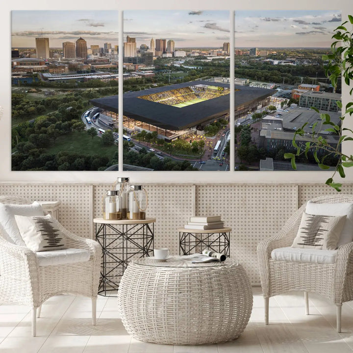 A living room is adorned with the Columbus Crew Soccer Team Print, showcasing a triptych of Columbus Crew Stadium and cityscape on museum-quality canvas. The high-resolution printing ensures vivid detail, while a UV-protective coating preserves its brilliance.