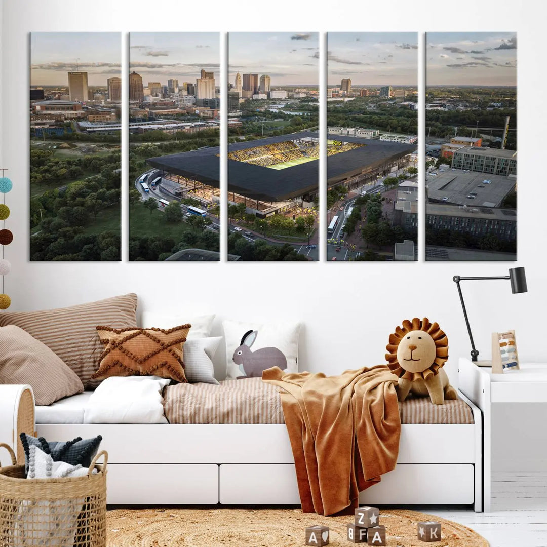 A living room is adorned with the Columbus Crew Soccer Team Print, showcasing a triptych of Columbus Crew Stadium and cityscape on museum-quality canvas. The high-resolution printing ensures vivid detail, while a UV-protective coating preserves its brilliance.