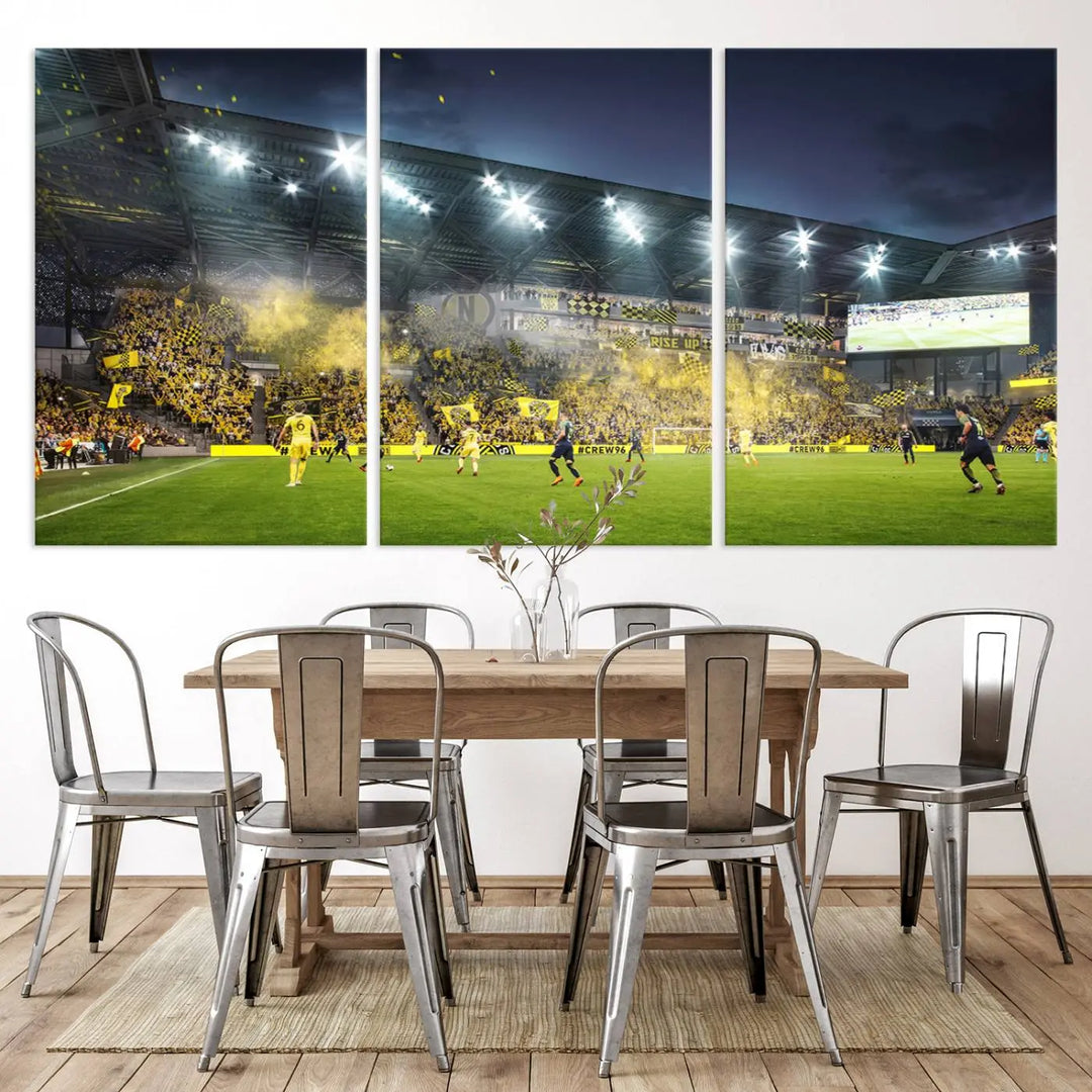 The Columbus Crew Stadium Match Triple Canvas Wall Art, featuring a dynamic MLS game scene, captures the excitement of a thrilling soccer match with stadium lights illuminating the field and crowd.