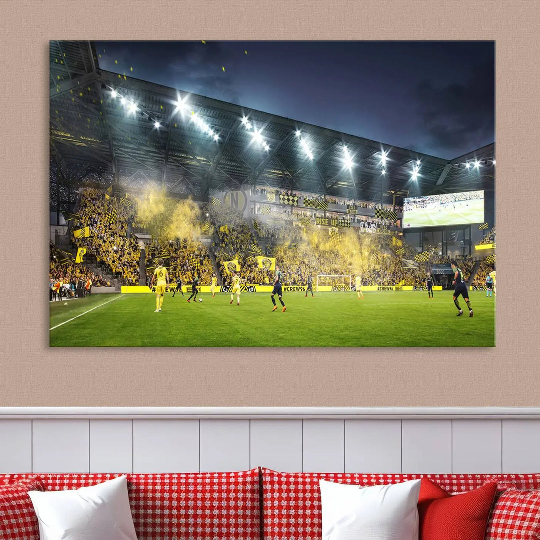 The Columbus Crew Stadium Match Triple Canvas Wall Art, featuring a dynamic MLS game scene, captures the excitement of a thrilling soccer match with stadium lights illuminating the field and crowd.