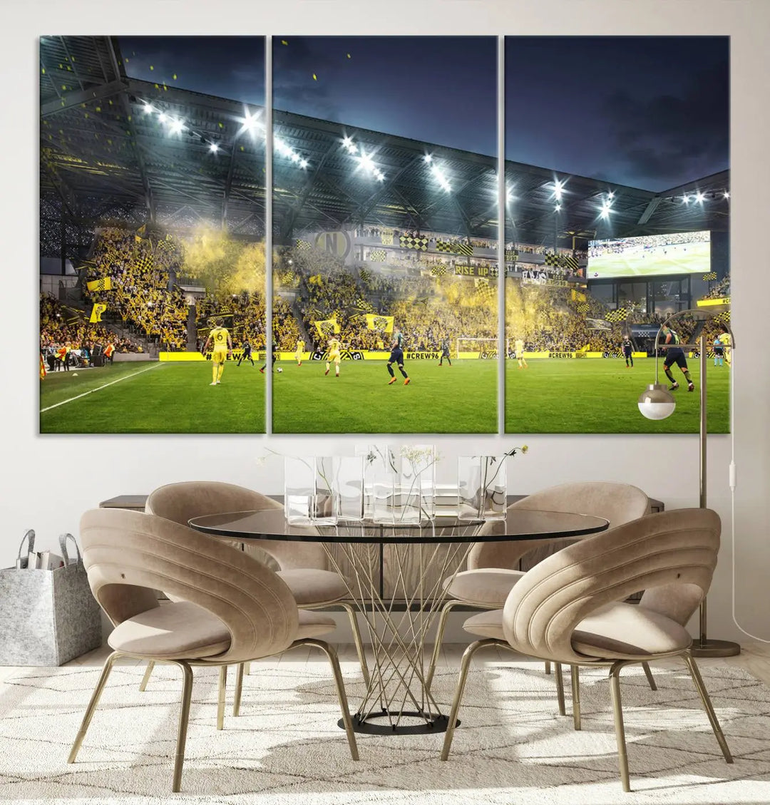 The Columbus Crew Stadium Match Triple Canvas Wall Art, featuring a dynamic MLS game scene, captures the excitement of a thrilling soccer match with stadium lights illuminating the field and crowd.